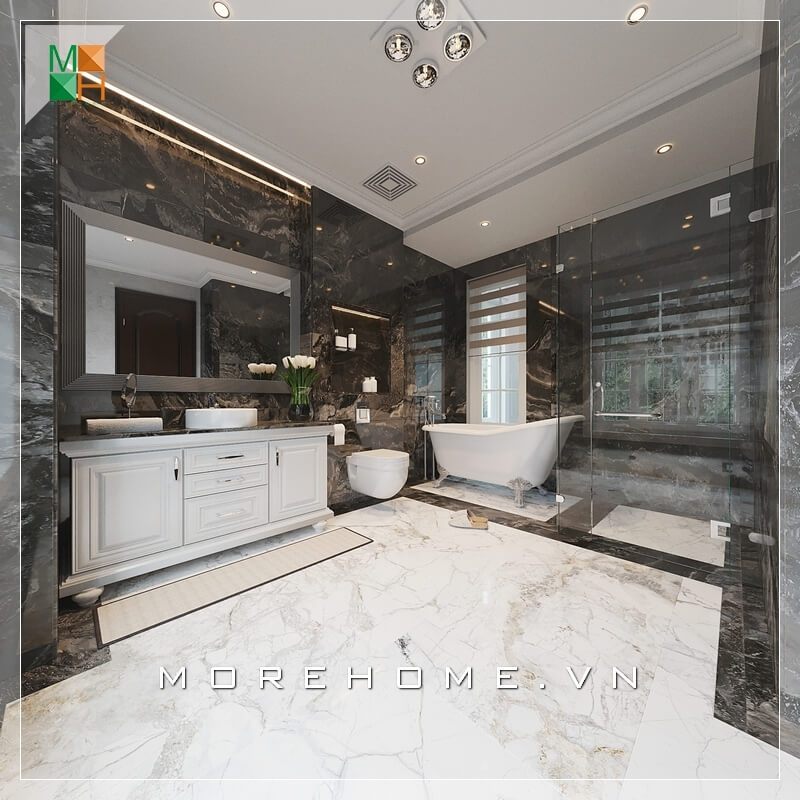 Mẫu thiết kế phòng tắm cao cấp mang vẻ đẹp sang trọng sử dụng đá ốp tường và lát sàn ấn tượng phù hợp cho không gian của biệt thự, nhà phố